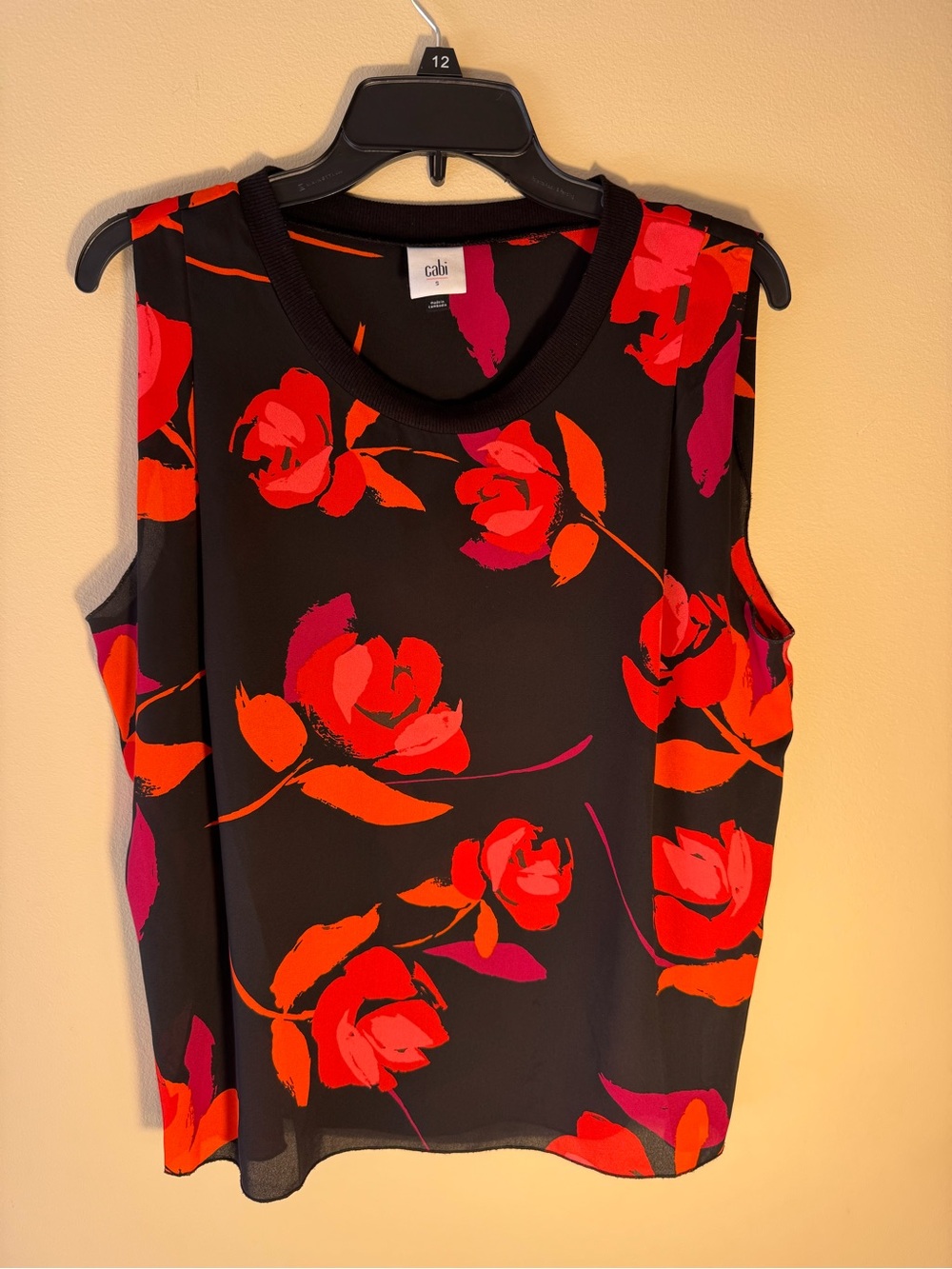 CAbi Black Sleeveless Floral Camisole with Red, Orange and Pink Roses